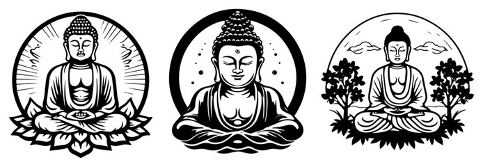 Buddha meditation icons set in circular frames, vector illustration, spiritual yoga and zen buddhism symbol logos