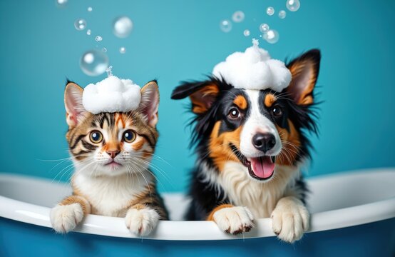 Funny tabby cat and happy dog sit in a blue bathtub. Both cute pets have white shampoo foam on their heads. Animal friends enjoy a fun bath. They look very clean and fresh after pet grooming day.