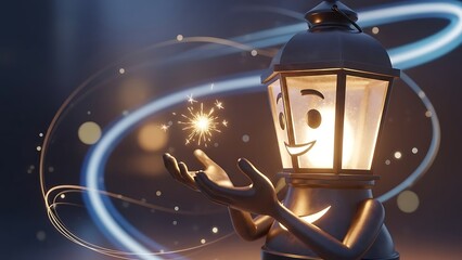 Whimsical Lantern Character with Sparkler in a Magic Night Scene, Illustration for Creative Celebrations and Festive Events