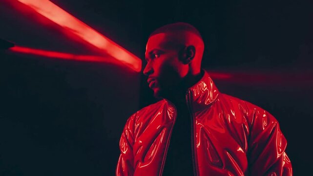 Modern Man in Red Jacket Under Dramatic Neon Lighting