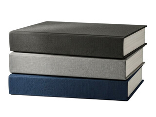 Stack of three velvety hardcover books in dark gray, light gray, and blue isolated on transparent background