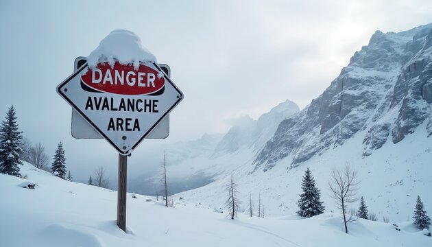 Warning sign on snowy mountain slope. Danger avalanche area sign posted on wood pole. Snow covered mountains, trees in background. Winter hazard alert. Avalanche warning sign in snowy landscape.