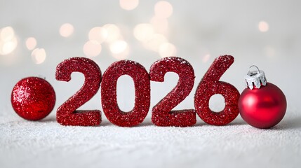 2026 New Year and Christmas Celebration Background with Red Glitter, Ornaments, and Copy Space. 2026 with sparkling red confetti and star-shaped glitter