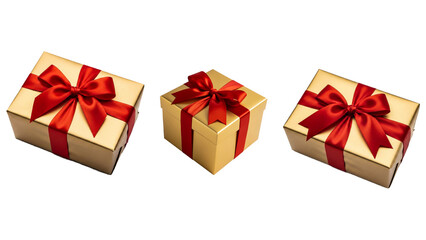 Three gold gift boxes with red ribbons isolated on transparent background