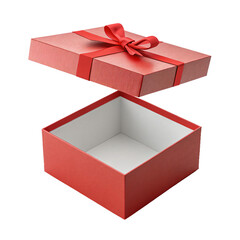 Open red gift box with ribbon lid, white interior, festive mood, isolated on soft gradient background.