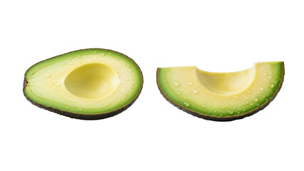 Fresh sliced avocado with water drops isolated on white background