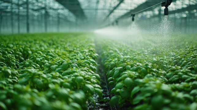 Lush green basil plants flourishing in a modern commercial greenhouse with automated irrigation spraying water