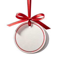 Elegant round gift tag background with glossy red ribbon bow, minimal white surface, perfect for festive branding