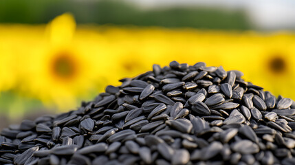 Abundance of black sunflower seeds piled high against a vibrant backdrop of blooming sunflowers, capturing nature's harvest and the beauty of the agricultural landscape.