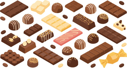 Flat isometric illustration of assorted chocolate candies and bars, sweet dessert treats, confectionery collection, cocoa products, delicious food background design