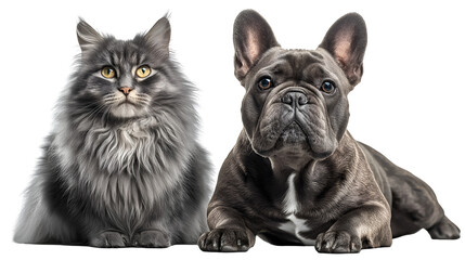 Majestic longhaired gray cat and a serious blue French bulldog posing together against a stark showcasing contrasting pet companionship and loyalty