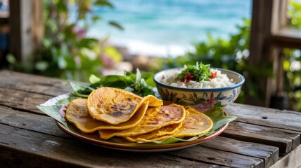 Bermuda's national dishes. 
Cornmeal tortillas with peas and rice. In Bermuda, these tortillas are known as "Johnnycakes" and are served with "Peas and rice", which is a popular side dish.