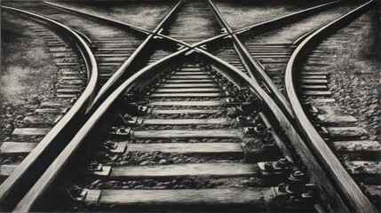 Black and white illustration of converging and diverging railway tracks. Perspective view