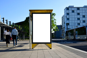 bus shelter with vertical blank ad panel. billboard display. empty white lightbox sign at bus stop. mockup base. city transit station. urban street. park setting with green trees. outdoor advertising