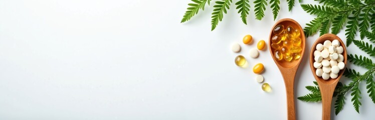 Health supplements on white background. Wooden spoons with probiotics and omega 3 pills. Green leaves, natural medicine, vitamins and minerals for wellness. Healthy lifestyle concept with copy space.