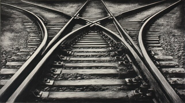 Black and white illustration of converging and diverging railway tracks. Perspective view