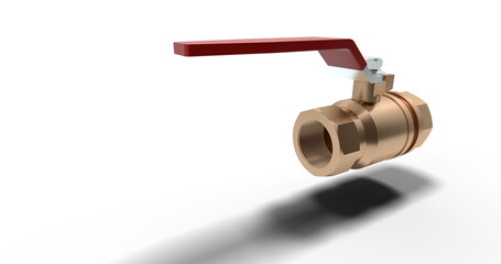 Sleek brass ball valve featuring red lever handle on isolated white backdrop with shadow. 3D render