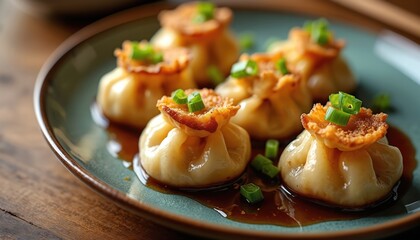 Freshly prepared korean mandu dumplings served on a plate with dipping sauce. Cooked food garnished with chopped green onions, ready to eat.