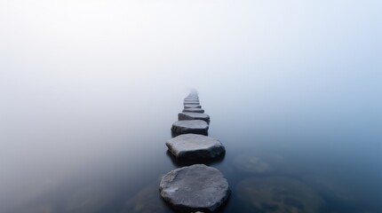 A minimalist and serene path of stepping stones across calm water on a foggy morning 
