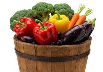 a rustic wooden barrel overflowing with fresh, wet bell peppers, broccoli, eggplant, and carrots, hyper-detailed macro focus on transparent background. bountiful harvest atmosphere