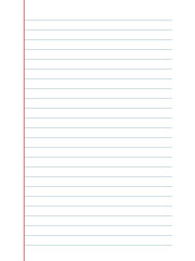 Lined paper with red margin line on white background isolated on white background