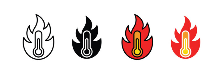 thermometer, flame, fire, heat, temperature, hot, fever, spicy, burn, warm, icon set. vector illustration