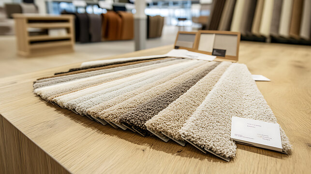 Explore carpet samples in neutral tones, arranged artfully on a sleek wooden surface. Perfect for interior design inspiration and home decor projects. Select your perfect match.