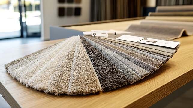 A spectrum of carpet samples displayed fanned out on a light wooden surface. The textures and hues provide options for interior design concepts. Neutral color palette shown in detail.