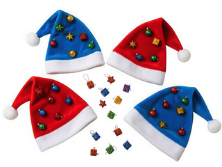 Vibrant christmas santa hats and decorative festive ornaments