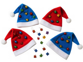 Vibrant christmas santa hats and decorative festive ornaments