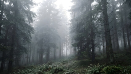 Misty Morning Spruce: A dense spruce forest shrouded in thick morning fog. The tops of the trees are barely visible.