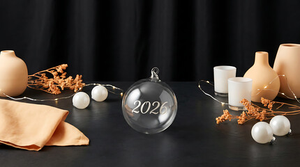 Elegant New Year 2026 celebration setup with minimalist ornaments, dried flowers, and warm lighting on a dark background, embodying hope and fresh beginnings