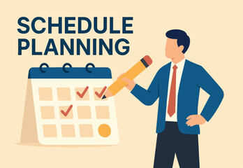 Calendar month schedule, meeting reminder, appointment or time organizer, planner agenda, vacation planning or timetable concept, businessman with pencil organize office calendar schedule plan.