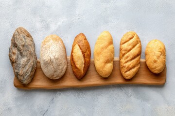 Obraz premium Assortment of fresh baked bread rolls lies on rustic wood board displaying various textures and colors.