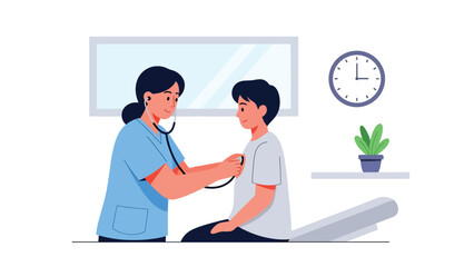 Doctor performing heart check-up with stethoscope in modern flat clinic interior. Professional healthcare illustration for medical services and hospital materials