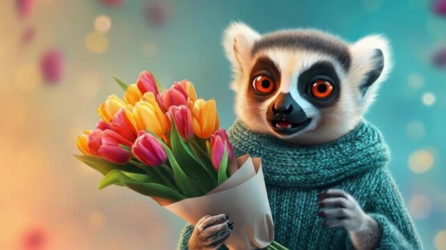 Adorable lemur in sweater with vibrant tulip bouquet. March 8, International Women's Day. Mother's Day