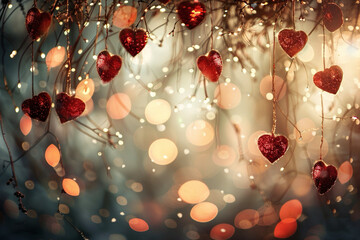 Twinkling Heart Garlands Draped Over Warm Fairy Lights, Glittering Red Ornaments, Soft Golden Bokeh, Rustic