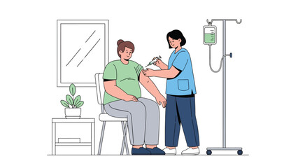 Nurse giving injection to patient in a clean medical room. Modern flat vector illustration for vaccination, immunization, and healthcare materials