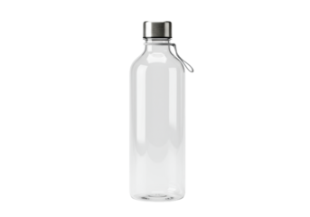 a tall, empty, transparent tritan plastic water bottle with a silver cap and gray nylon strap, isolated on a transparent studio background with soft box illumination, concept of sustainable hydration