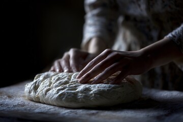 Warm light illuminates hands as person kneads soft bread dough on wooden surface for baking.