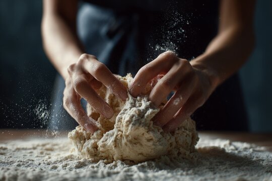 Hands vigorously knead fresh dough on floured wooden table, preparing homemade food for baking. - Powered by Adobe