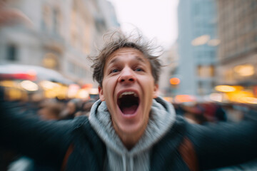A man with a beard and messy hair is screaming in a crowded city street