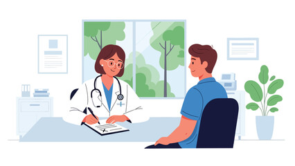 Doctor writing prescription while patient consults beside the desk. Modern flat medical illustration for healthcare, medication, and diagnosis needs