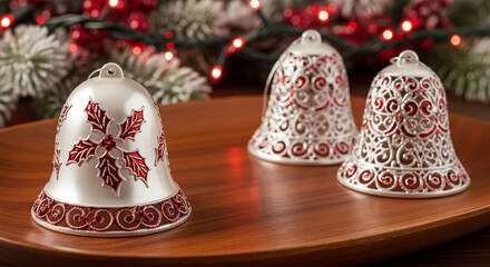 Three silver bells, two filigree and one with holly, sit on a wooden tray, representing Christmas cheer and holiday decoration, festive and ornamental