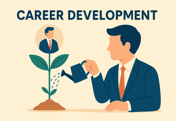 Naklejka premium Career development planning, manager assist or coaching for career growth, mentor or support to help employee growing, improvement, businessman watering growing plant with employee career growth