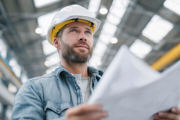 A man wearing a hard hat and safety glasses is holding a piece of paper