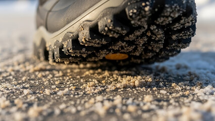 Winter boot stepping on sand treated walkway, textured sole provides traction on icy surface. Winter boot firmly grips granular material, preventing slips during cold weather.
