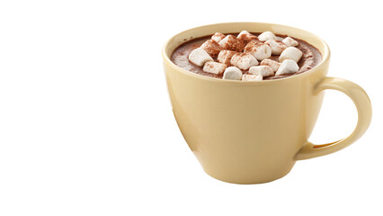Warm ceramic mug filled with hot chocolate and marshmallows creating a cozy winter drink concept