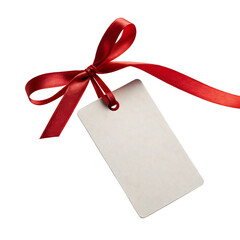 Blank gift tag with red ribbon bow suitable for product labels holiday gifts and retail packaging