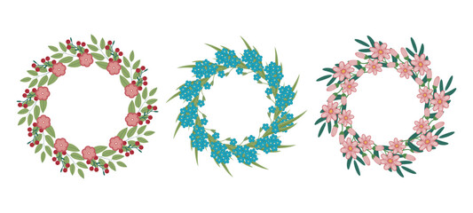 Decorative set of spring floral wreaths featuring blooming flowers and lush green leaves. Perfect for seasonal greeting cards, invitations, and spring-themed designs. Copy space.